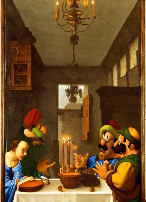 Image similar to a candlelit table at the inn, mario and luigi sitting at the table, swirling smoke, dark smoke, realistic, in the style of leonardo da vinci, dutch golden age, amsterdam, medieval painting by jan van eyck, johannes vermeer, florence