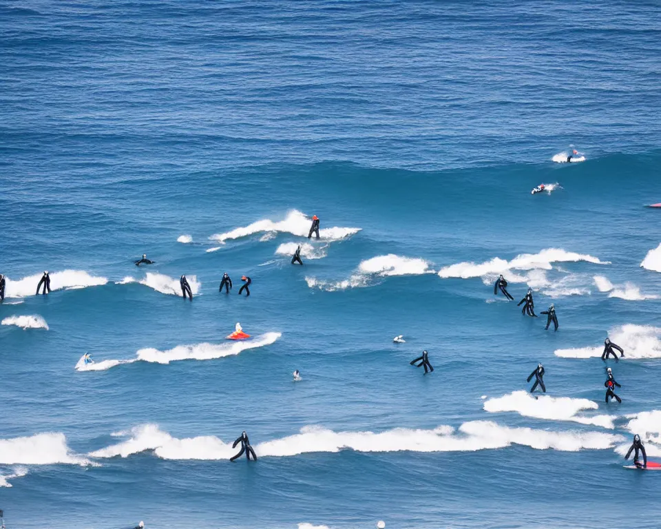 Prompt: worshippers in blue wetsuits belonging to the cult of the surfers, surfing in waves, standing on surfboards, surfing in the face of a tsunami, high detailed colors, bright deep blue