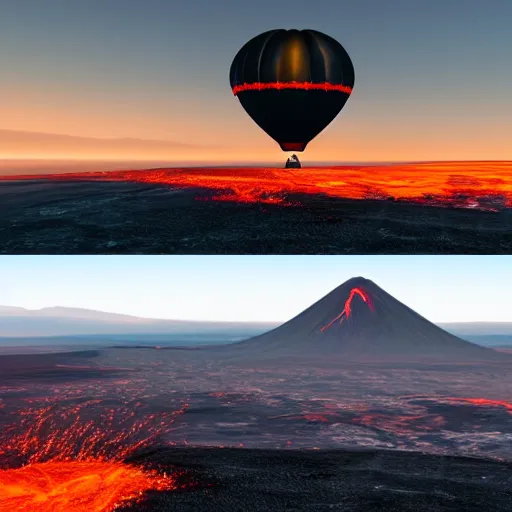 Image similar to hot air balloon travelling over the dark skies of Mordor. Mt doom is in the distance and lava can be seen. Ultra widescape shot. Photorealistic 4k IMAX 35mm sharp focus