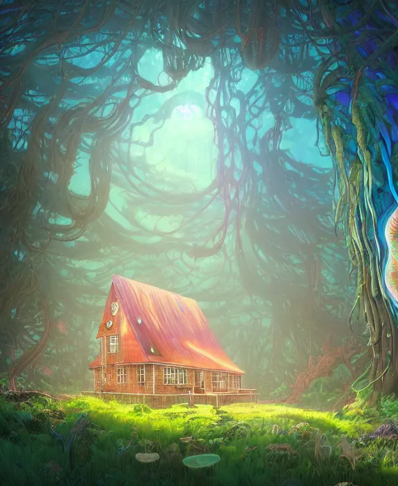 Prompt: an enormous schoolhouse made from jellyfish, overgrown with huge colorful exotic fungus, deep in the woods, noon, sun drenched, partly cloudy, by dan mumford, yusuke murata, makoto shinkai, ross tran, cinematic, unreal engine, cel shaded, featured on artstation, pixiv