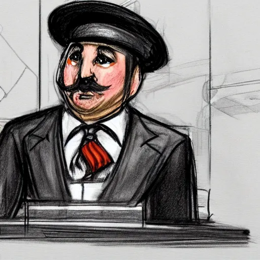 Image similar to court room sketch of the hamburglar testifying in court