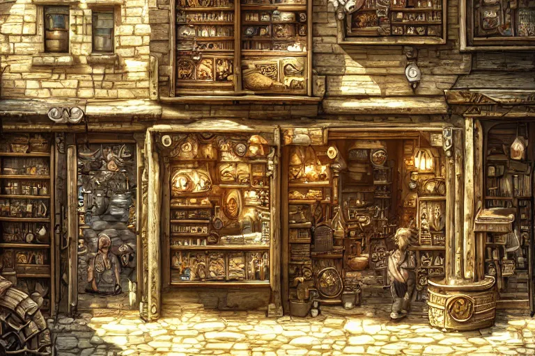 Image similar to A miniscule shop viewed from the inside, texture, intricate, details, highly detailed, masterpiece, architecture, building, trending on artstation, focus, sharp focus, concept art, digital painting, fantasy, sunny, day, midday, in the style of Dungeons and Dragons