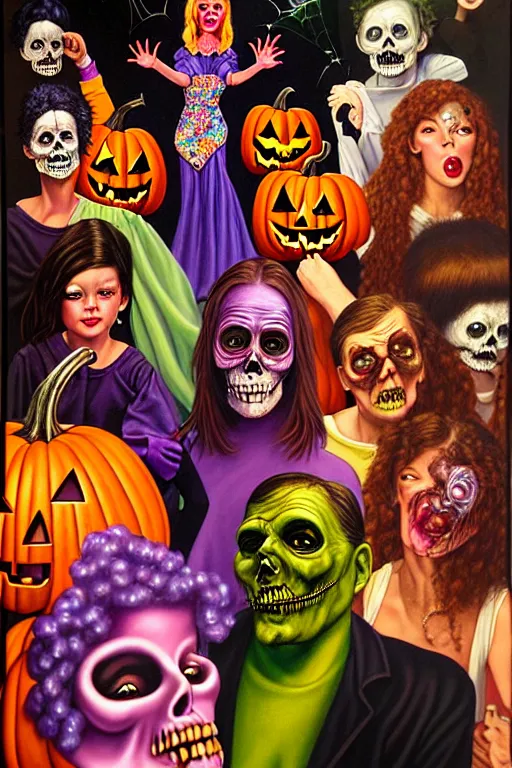 Image similar to a hyperrealistic painting of a vintage halloween costume party, cinematic horror by chris cunningham, lisa frank, richard corben, highly detailed, vivid color,