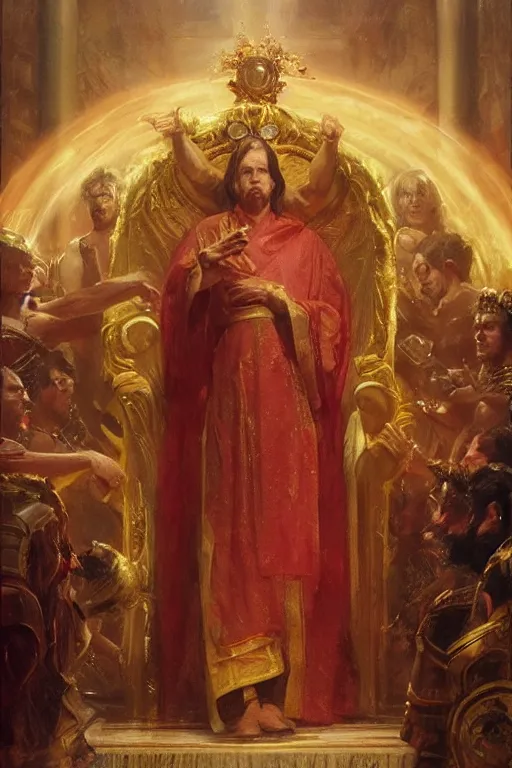 Image similar to beautiful portrait oil painting, steve buscemi wearing a golden wreath in royal crimson robes enthroned as the god emperor of ancient rome, mid - shot, by anders zorn, wonderful masterpiece by greg rutkowski, beautiful cinematic light, american romanticism, by thomas lawrence, greg rutkowski