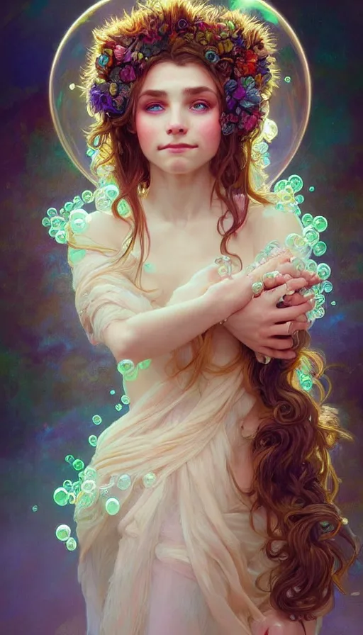 Prompt: portrait of a troll, dreamy and ethereal, (colour) eyes, peaceful expression, ornate frilly dress, fantasy, intricate, elegant, rainbow bubbles, highly detailed, digital painting, artstation, concept art, smooth, sharp focus, illustration, art by artgerm and greg rutkowski and alphonse mucha