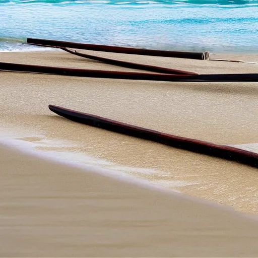 Image similar to two long chinese fying pans on a beach, photorealistic, 8k