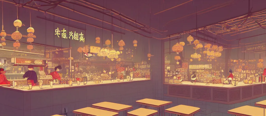 Prompt: a beautiful simple 4 k hd wallpaper illustration of interior view of the corner of roasted string hotpot shop, simple style, from china, with merchant logo, simple structure, surrealistic, chinese style, victo ngai, james jean, denoise, deblurring