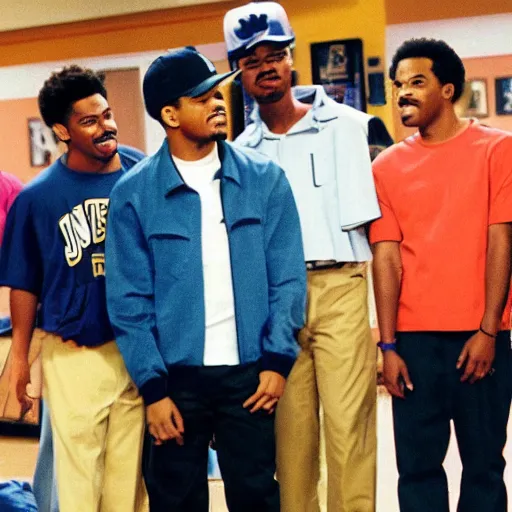 Image similar to a tv still of Chance The Rapper starring as a black college student at Jones College Prep in a 1993 sitcom