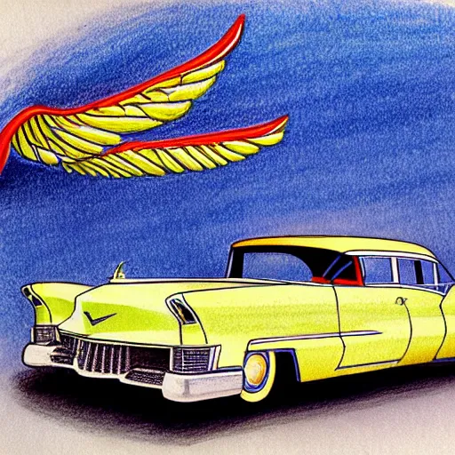 Prompt: a color pencil design sketch for a 5 0 s flying cadillac car with wings