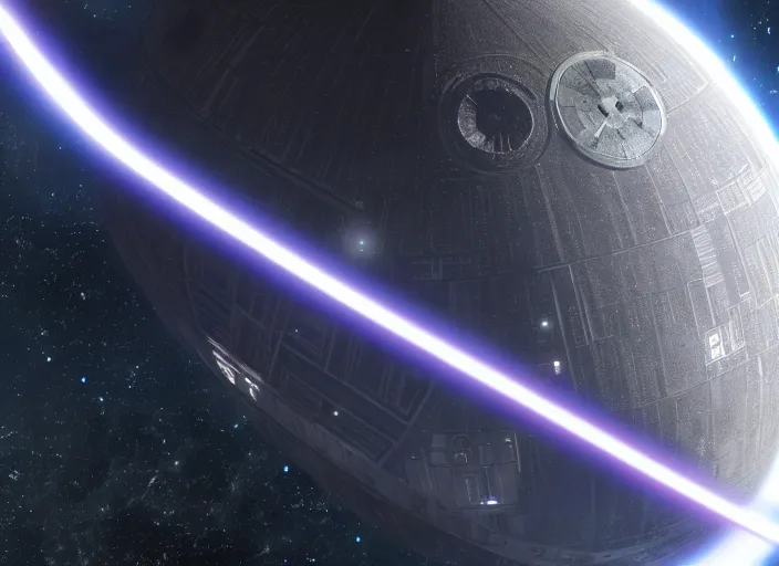 Image similar to film still of the death star hovering above earth, full view, in the new star wars movie, 4 k