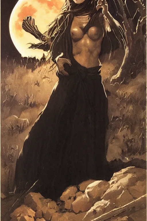 Prompt: portrait of a young witch in a black robe sitting on the ground next to a fire, full moon in the sky overhead, detailed face, highly detailed, by frank frazetta and boris vallejo