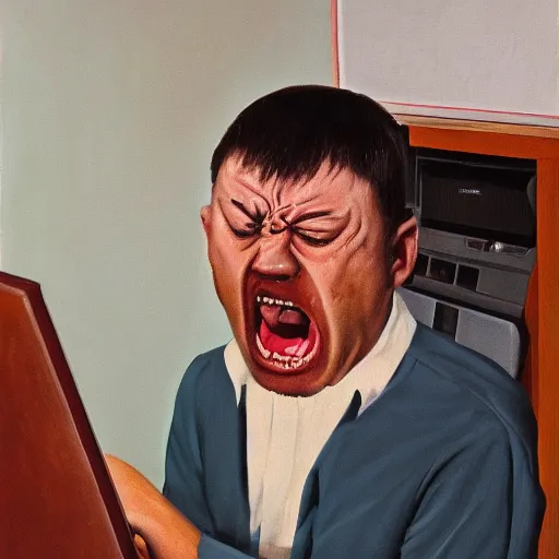 Image similar to an angry man screams at his computer monitor, oil on canvas, 1 9 6 7, highly detailed