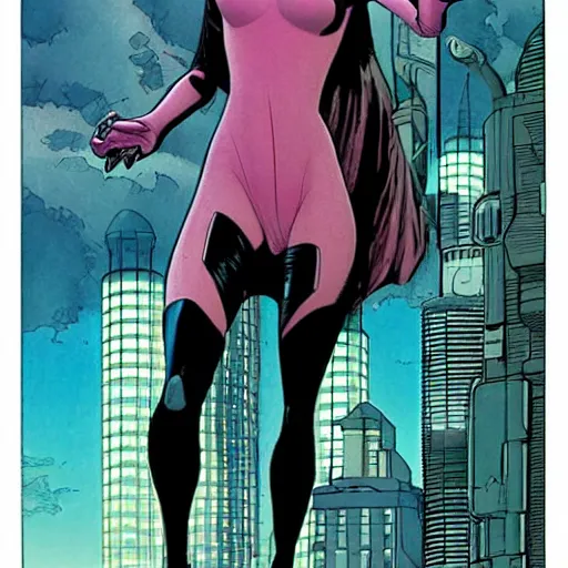 Image similar to Tall beautiful female witch with dark hair, futuristic, alien cityscape, symmetrical features, full body, face visible, graphic novel, colourful, 2D matte, art by Frank Quitely and Moebius,