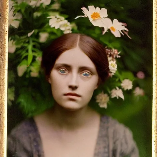 Prompt: portrait photograph of a very beautiful female model. symetric face. in a garden. flowers. autochrome Louis Lumières. detailed eyes. medium shot