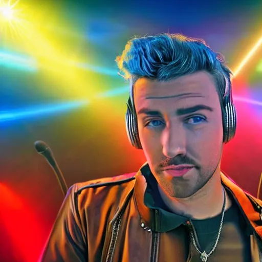 Image similar to the handsome lead singer of a boyband with sandy brown hair and blue eyes wearing a neon blue microphone headset posing on stage. n - sync, backstreet boys, one direction, bts concert. photorealistic. hyper realism. ray tracing hdr. intricate detailed masterpiece. lifelike.