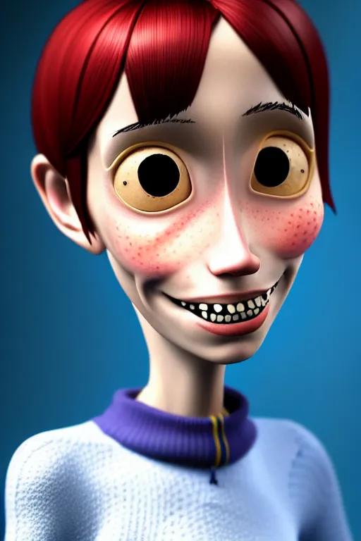 Prompt: a well composed 4k award winning sharp and detailed digital realistic hollywood headshot of Coraline Jones as a human from Coraline (2009), realistic photo