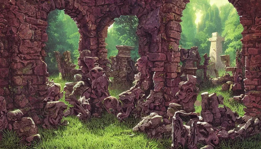 Prompt: a crypt entrance within a ruined castle graveyard, artwork by greg hildebrandt, vibrant colors, red statues, vibrant green, 8 0 s dnd