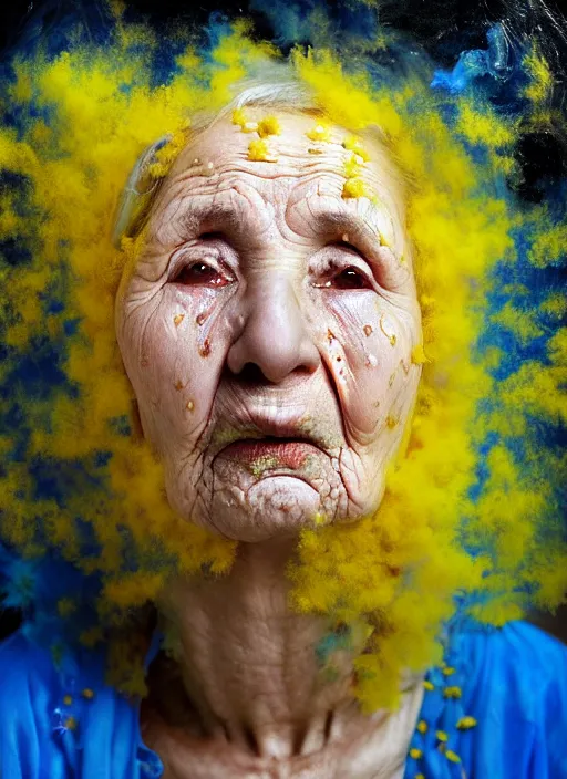 Image similar to crying old ukrainian woman!!!!, fully covered in yellow and blue clouds!!!, disarming, enchanting, fragile, hopeful, cloudcore, portrait, by kim keever