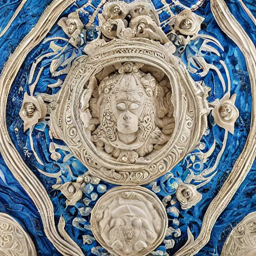 Prompt: Ancient warrior holding Clear white textured shield with artistically executed decorations of peonies, foliated scrolls, dragons and medallions in white reserve on an opaque mazarine blue ground. Capped with metal