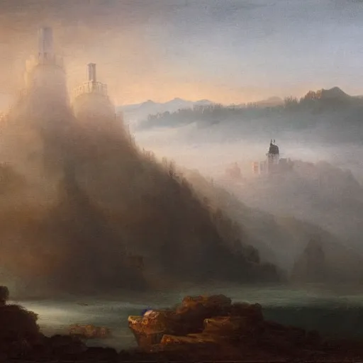 Prompt: an impossibly large tower rising from a sea of mist,evocative,romanticism landscape painting