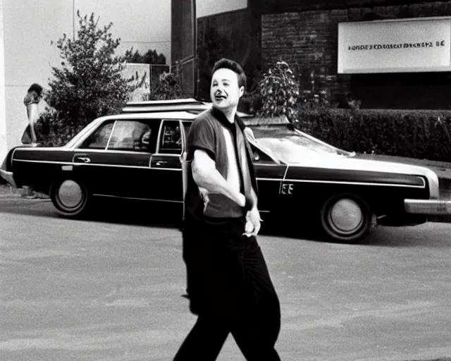 Prompt: elon musk walking in front of a taxi car, in front of a gas station, 1 9 7 0 s photo