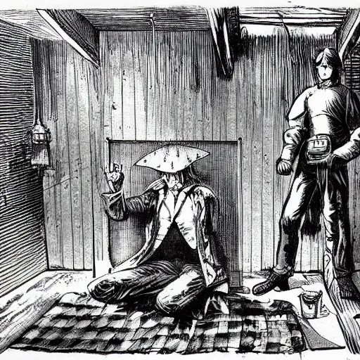 Prompt: warlock in the attic, comic art, victorian illustration, black and white