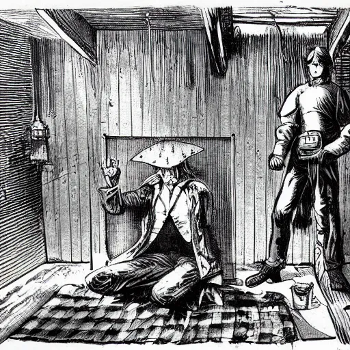 Image similar to warlock in the attic, comic art, victorian illustration, black and white