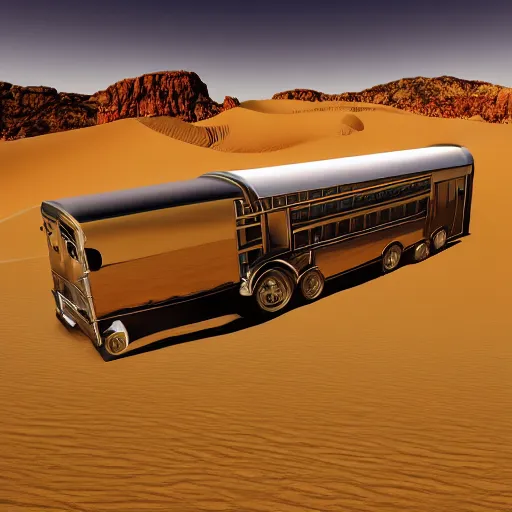 Prompt: silver school bus in the desert by hot springs, sand dunes, sage brush, golden hour, ultra detailed, 8 k, trending on artstation, award - winning art,