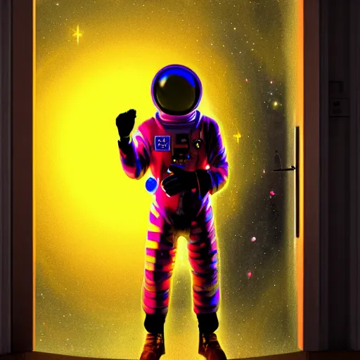 Image similar to 4 k, hyper - realism, distant shot, extra - details, psychedelic astronaut opening door that leads to the universe.