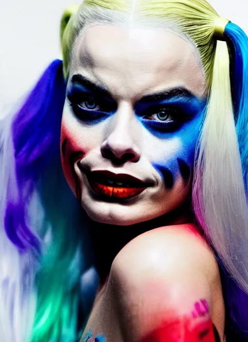 Image similar to 2 8 mm side portrait of beautiful suicide squad happy margot robbie with long white hair that looks like harley quinn, gotham city double exposure, angry frown, glamour pose, watercolor, frank miller, moebius, jim lee, annie leibowitz