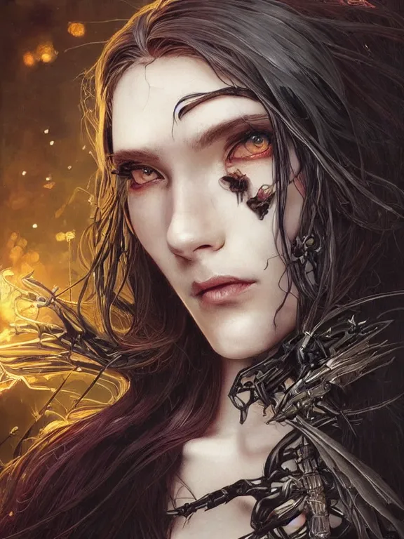 Image similar to close up picture of a witch with exoskeleton wanna play with you, cynical, bored, beautiful and aesthetic, intricate, unreal engine, messy hair, highly detailed, detailed face, smooth, sharp focus, chiaroscuro, manga illustration, artgerm, greg rutkowski, alphonse mucha, young adult light novel cover art