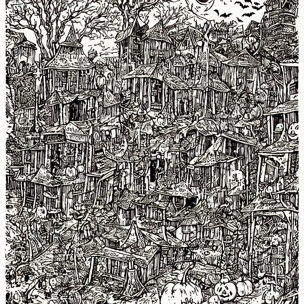 Image similar to blockprint flat illustration of a halloween town