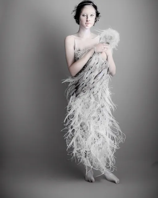 Image similar to beautiful girl with a dress of feathers photo 3 5 mm, studio light