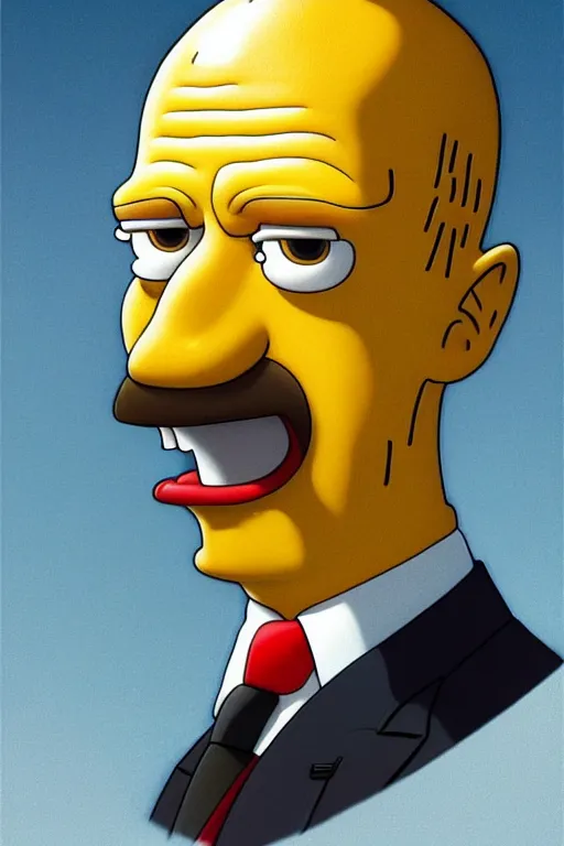 Image similar to vladimir putin as a yellow funny stupid homer simpson, realistic portrait, symmetrical, highly detailed, digital painting, artstation, concept art, smooth, sharp focus, illustration, cinematic lighting, art by artgerm and greg rutkowski and alphonse mucha