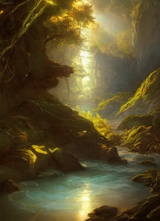 Image similar to detailed river, light shafts, stunning atmosphere, naturalistic art by asher brown durand, inspired by peter mohrbacher