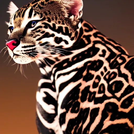 Image similar to profile shot of a black and red ocelot with black background, strong bokeh, dramatic, cinematic, high contrast, octane render, 4k