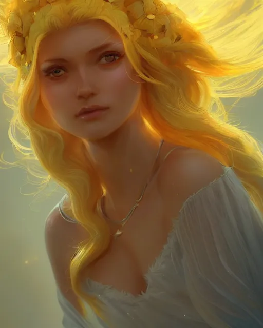 Image similar to a beautiful sun goddess, flowy yellow golden hair, sun, summer, cinematic lighting, highly detailed, digital painting, trending on artstation, pixiv, concept art, sharp focus, illustration, art by ross tran and wlop