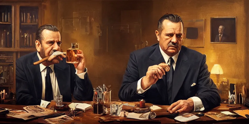 Image similar to beautiful oil matte portrait painting, mafia boss holding a cigar and drinking whiskey at his 5 0 s new york office desk, wonderful masterpiece highly detailed, beautiful cinematic light deep focus, elegant, digital painting, smooth, sharp focus, golden ratio, dramatic illumination, ultra realistic, 8 k, art by jimmy law