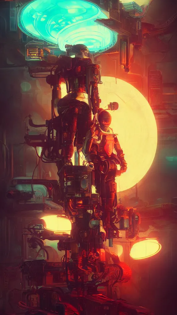 Image similar to concept art, retro - futurist steampunk pilot, imperious, octane render, artstation, dramatic neon lighting, glowing imperial motifs, red turquoise accents, bladerunner, by gerald brom, james jean, syd mead, akihiko yoshida, cinematic