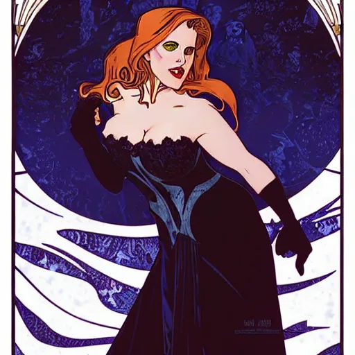 Image similar to Rafeal Albuquerque comic art, Joshua Middleton, Alphonse Mucha, art nouveau, pretty female Amy Adams, full entire body fun pose, scary vampire, fully black eyes no pupils, sharp vampire teeth smile open mouth, sarcastic evil smile, horror symmetrical face, symmetrical eyes, black Victorian dress, long curl red hair, outside in snow snowing