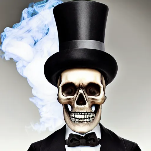 Image similar to hyperrealistic skull wearing a top hat surrounded by smoke, smoke pouring out of its mouth,