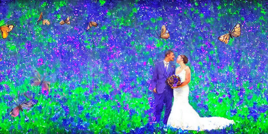 Prompt: impressionist digital art with luminous colors, 1 0 0 feet in the distance at a picnic party a sudden explosion of butterflies surrounds a bride and groom, epic, dramatic lighting, vignette borders, fantasy, dark blue, dark purple, periwinkle, violet, emotional.