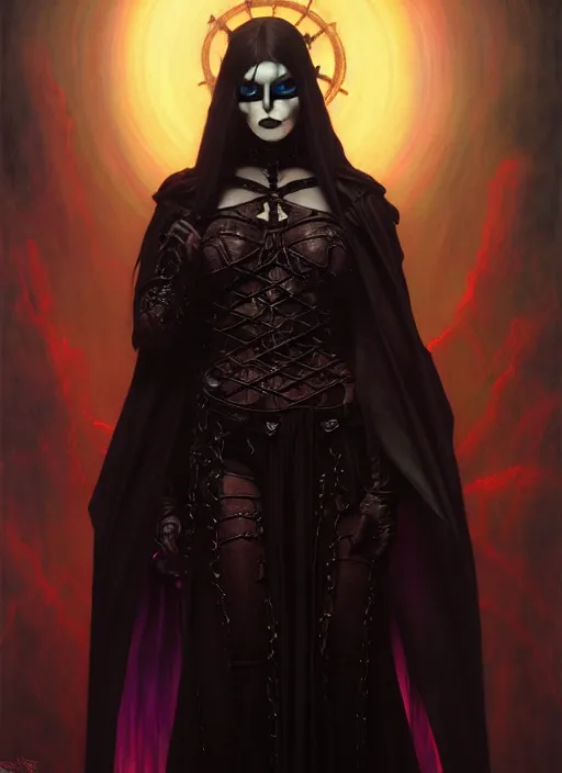 Image similar to female goth necromancer, robes, full body, hyper realistic, extremely detailed, dnd character art portrait, dark fantasy art, intricate fantasy painting, dramatic lighting, vivid colors, deviantart, artstation, by edgar maxence and caravaggio and michael whelan and delacroix.