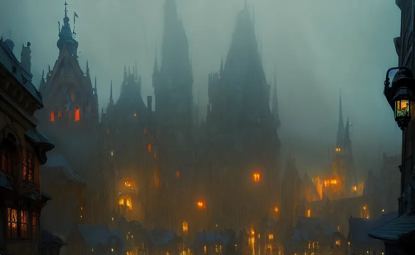Image similar to a medieval city with rainy and moody cinematic lighting by darek zabrocki and greg ruthkowski, alphonse mucha, simon stalenhag and cinematic and blue cold atmospheric, concept art, artstation, trending on artstation
