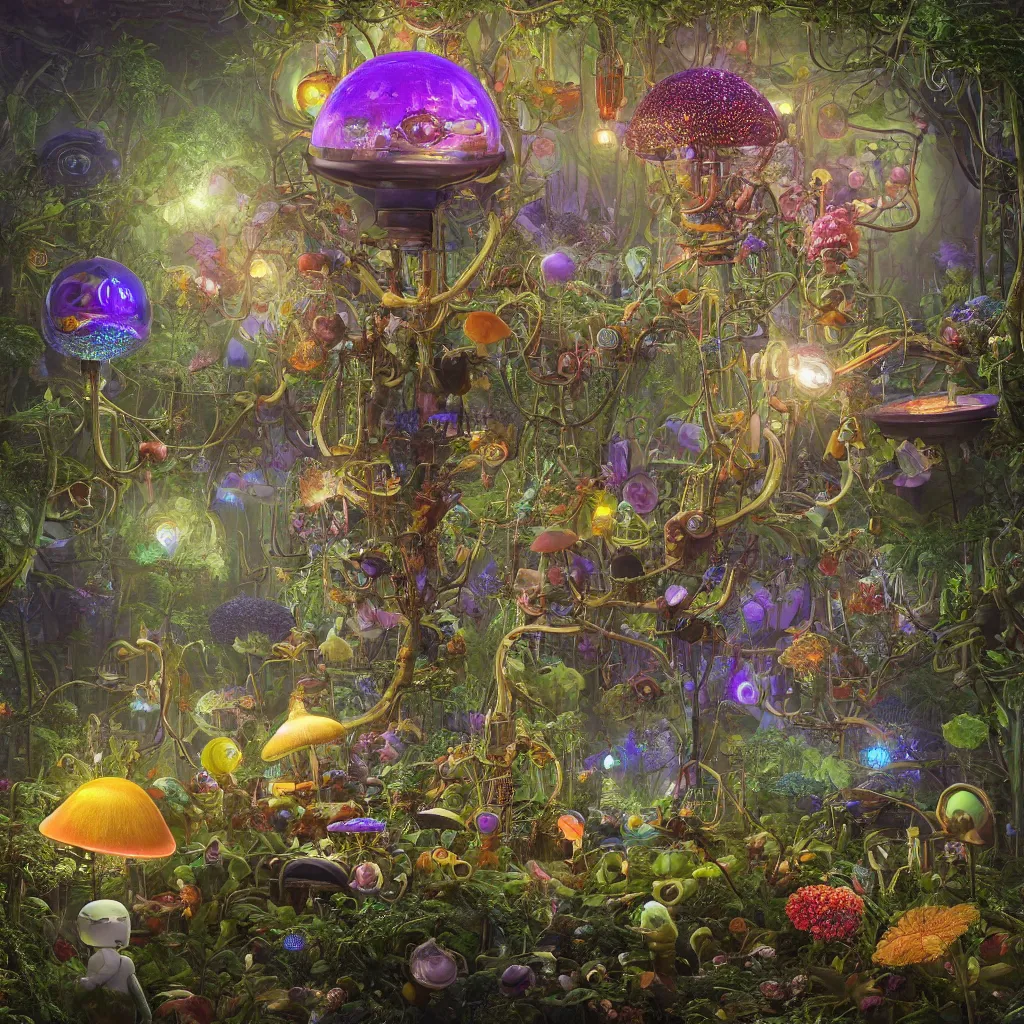 Prompt: victorian robots and bioluminous mushrooms growing in a spheroid forest, 3d render, nightlight Study, by Jan Davidsz de Heem and Lisa Frank, Art Nouveau, 8k, extreme detail, sharp focus, cinema 4d render