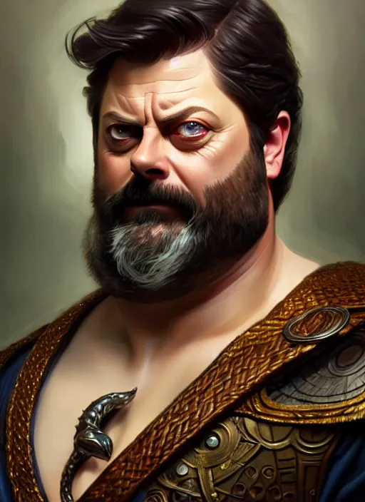 Image similar to portrait of nick offerman as odin, d & d, muscular, fantasy, intricate, elegant, highly detailed, digital painting, artstation, concept art, smooth, sharp focus, illustration, art by artgerm and greg rutkowski and alphonse mucha