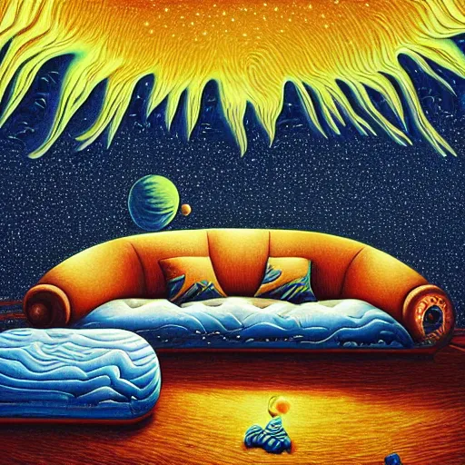 Image similar to psychedelic trippy couch pine forest, planets, milky way, sofa, cartoon by rob gonsalves