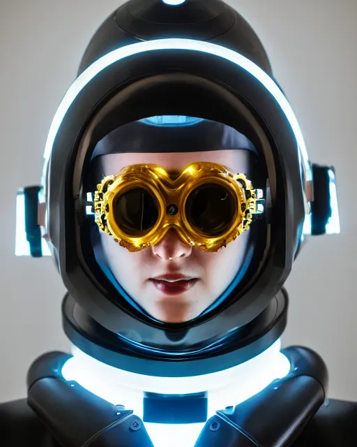 Prompt: centered portrait of soulful young shari headly as a solarpunk mecha humanoid robotic parts wearing crystal goggles with bright led lights, real human face, pudica gesture bouguereau style, in white room, ultra - realistic and intricate, soft portrait shot 8 k