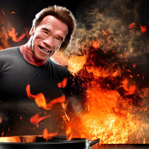 Prompt: A photo of Arnold Schwarzenegger with flames coming from his ears throwing a fit in the kitchen, frying pans and food flying in the air, taken with a Canon EOS 5D.