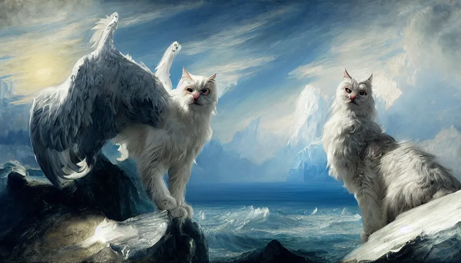 Image similar to highly detailed painting of white giant griffon cat bears with large feathered wings on a blue and white iceberg by william turner, by greg rutkowski, by william constable, thick brush strokes and visible paint layers, 4 k resolution